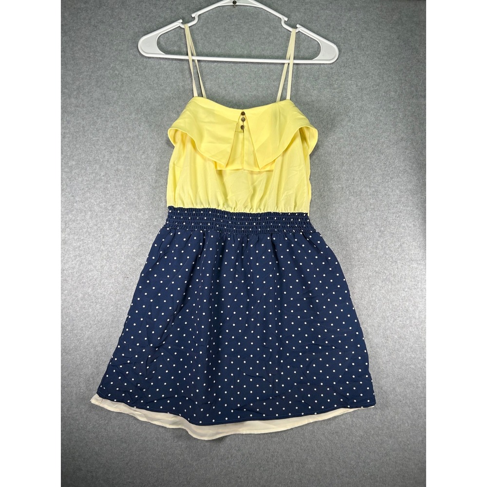 Xhilaration Polka Dot Dress Womens Small Yellow Navy Blue Smocked Mini Cami S